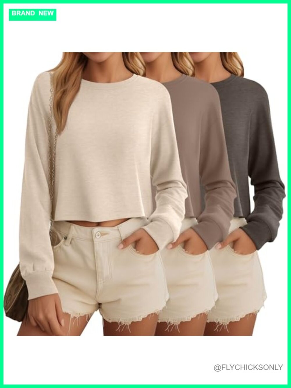 3 Pack Long Sleeve Crop Tops Cotton Spandex Women's Casual Crew Neck
